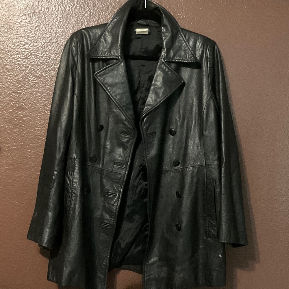 Esprit de corp. Black Leather Double-Breasted Trench Coat